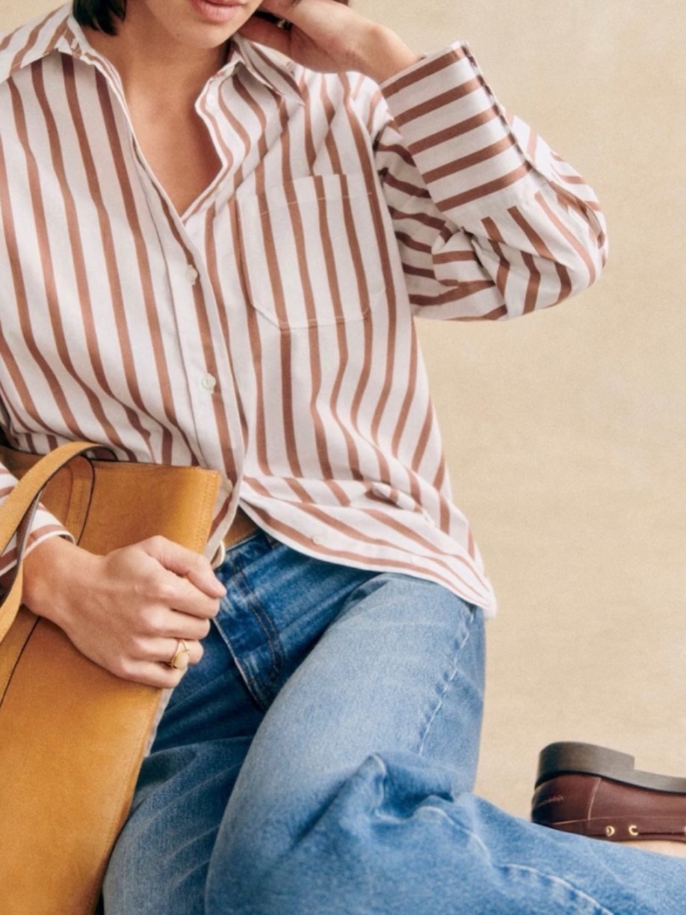 Sezane Striped Button-Down Shirt in White and Brown